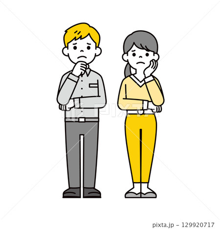 腕を組んで困った顔をする若い男性と女性の全身イラスト＿ベクター 129920717