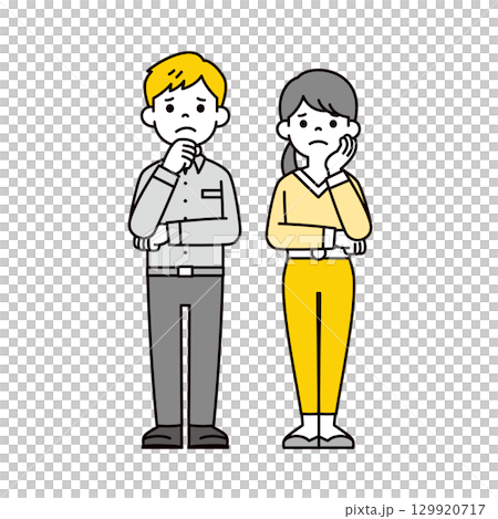 腕を組んで困った顔をする若い男性と女性の全身イラスト＿ベクター 129920717