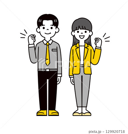 やる気あふれる元気な男性社員と女性社員の全身イラスト＿ベクター 129920718