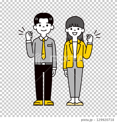 やる気あふれる元気な男性社員と女性社員の全身イラスト＿ベクター 129920718