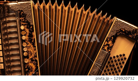 Ornate Golden Accordion Close-up with Intricate Details 129920732