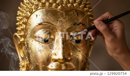 Professional Art Conservator Restoring Golden Buddha Statue with Fine Brush 129920734