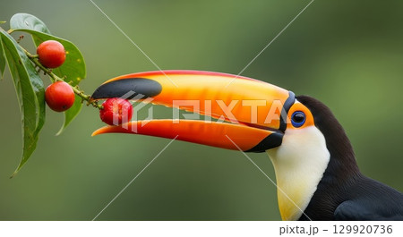 Toucan Bird Reaching for Red Berries in Tropical Rainforest 129920736