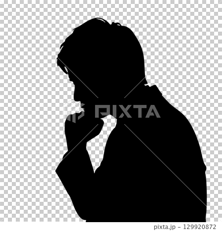 一名男子用手托著下巴思考的剪影插畫商人學生嗯擔心猶豫 一名男子用手托著下巴思考的剪影插畫商人學生嗯擔心猶豫 129920872