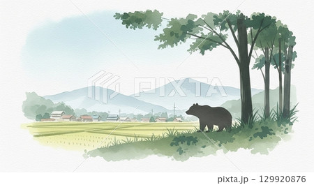 里山の村近くで目撃された熊の水彩画 129920876