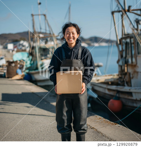 漁港で笑顔の女性　作業着と段ボール箱　漁業と地方のライフスタイル 129920879