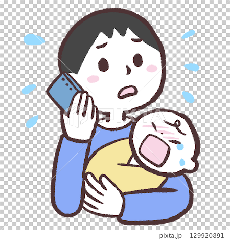 Illustration of a man calling on a smartphone while holding a crying baby 129920891
