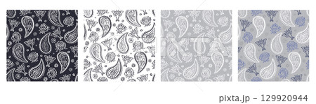 Monochrome seamless pattern set with hand drawn Paisley with roses and luna moths Monochrome seamless pattern set with hand drawn Paisley with roses and luna moths 129920944