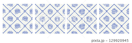 Rose flowers and heart blue and beige seamless pattern with trellis grid Rose flowers and heart blue and beige seamless pattern with trellis grid 129920945