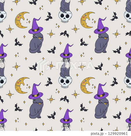 Seamless pattern with cute hand drawn Halloween witchy black cats 129920961