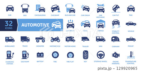Automotive icon set. Containing vehicle car mechanic, tire, steering wheel and more. Solid icon collection. Vector Illustration. Flat icon. Simple vector icons 129920965