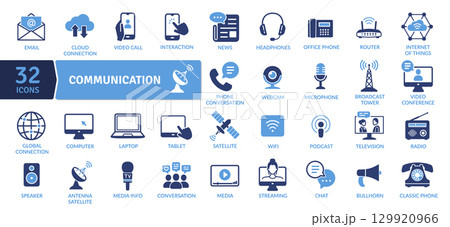 Communication Icons: Digital and Traditional Media like email and online calls. The icons depict digital methods like email and online calls, as well as traditional media such as newspaper 129920966