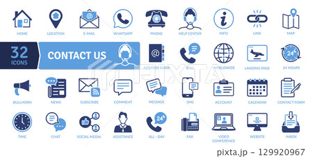 Contact Us Icons: Communication and Support Channels. Various methods to get in touch, including phone, email, chat, and social media 129920967