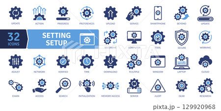 Setting icon set. Containing universal symbol for settings. Solid icon collection. Vector Illustration. The collection includes various concepts such as: System and process icons 129920968