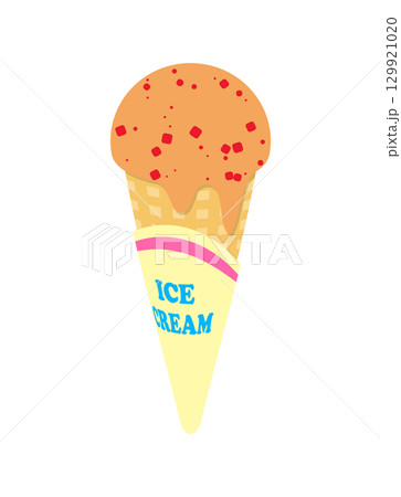 アイスクリーム　オレンジ　コーン　アイス　イラスト 129921020