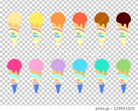 Ice cream cone ice cream illustration set (vanilla, orange, chocolate, matcha, strawberry) 129921029