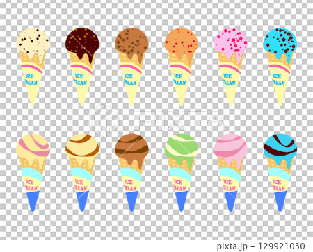 アイスクリーム　コーン　アイス　イラスト　セット（ バニラ　オレンジ　チョコレート　抹茶　ストロベリ 129921030