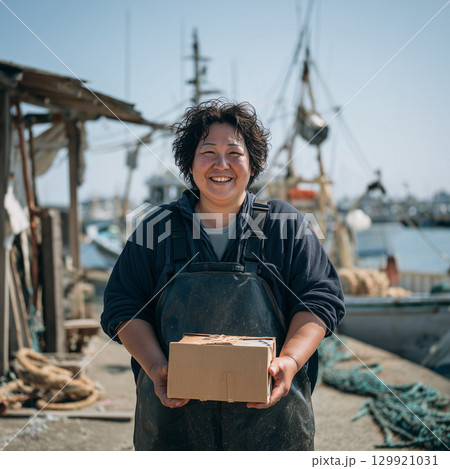漁港で笑顔の女性　作業着と段ボール箱　地域の暮らしと漁業のイメージ 129921031