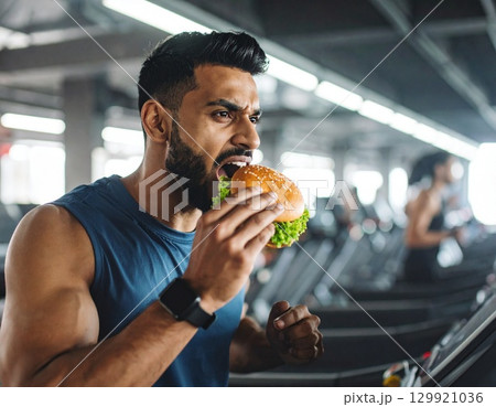 ハンバーガーを食べながら走るトレーニー　トレーニングジム　ジャンクアップジム 129921036