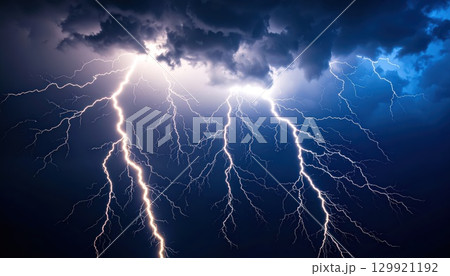 《AI画像》雷雲から落ちる青い稲妻 129921192