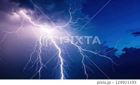 《AI画像》雷雲から落ちる青い稲妻 129921193