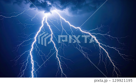 《AI画像》雷雲から落ちる青い稲妻 129921195