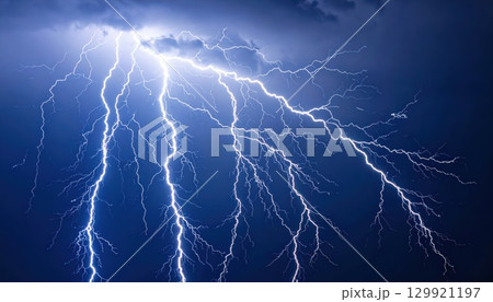 《AI画像》雷雲から落ちる青い稲妻 129921197