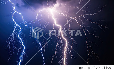 《AI画像》雷雲から落ちる青い稲妻 129921199