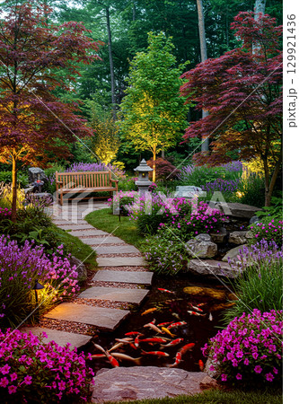 花と緑に囲まれた庭園の小道と池のある風景 129921436