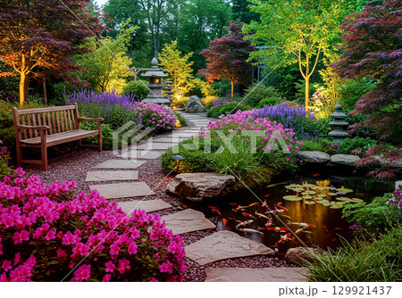 色彩豊かな整った庭 129921437