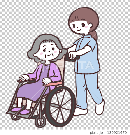 Illustration of a staff member and a senior woman in a wheelchair Illustration of a staff member and a senior woman in a wheelchair 129921470