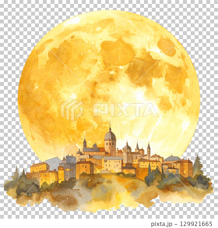 美麗的滿月和城市景觀插圖 129921665