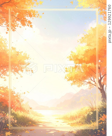 秋、紅葉の季節をイメージした水彩テクスチャの風景画フレーム 秋、紅葉の季節をイメージした水彩テクスチャの風景画フレーム 129921760