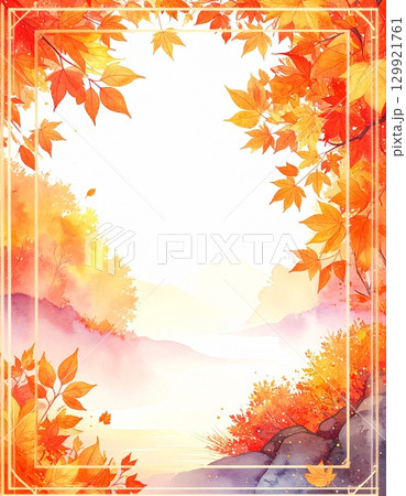 秋、紅葉の季節をイメージした水彩テクスチャの風景画フレーム 129921761