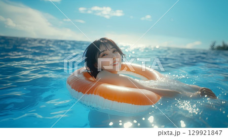 浮き輪で寛ぐ女性 浮き輪で寛ぐ女性 129921847