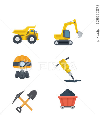 Mining Industry and Tools on Vector Illustration. Flat vector icons of mining equipmen. Stock illustration 129922078