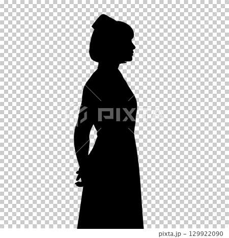 Silhouette illustration of a nurse holding something behind her back, holding a syringe in front 129922090