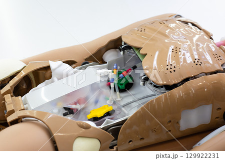Medical training mannequin with open sections revealing artificial organs and internal components. Designed for medical professionals to practice procedures and enhance training skills Medical training mannequin with open sections revealing artificial organs and internal components. Designed for medical professionals to practice procedures and enhance training skills 129922231