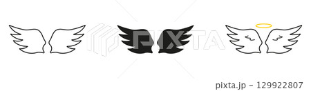 Angel Wings With Halo Line And Solid Icon Set. Spirituality, Protection, And Guardian Symbol Outline And Silhouette Symbol Collection. Celestial And Divine Concept. Isolated Vector Illustration 129922807