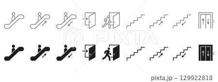 Escalator, Door, Stairs and Elevator Direction Icons. Navigation And Movement Symbols For Public Spaces. Accessibility And Wayfinding Signage Collection. Isolated Vector Illustration 129922818