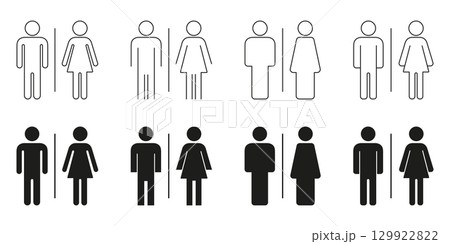 Male And Female Restroom Sign Icon Set. Collection of Gender Restroom Symbols for Navigation and Public Facilities Line And Solid Styles. Accessibility Signage. Isolated Vector Illustration 129922822