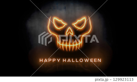 ネオンに輝くドクロフェイスとHappy Halloweenのデザイン ネオンに輝くドクロフェイスとHappy Halloweenのデザイン 129923113
