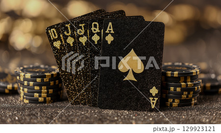 煌びやかなブラックカードとポーカーチップが映し出す勝負の世界 129923121