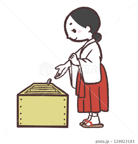 お賽銭入れる巫女さんのイラスト 129923183