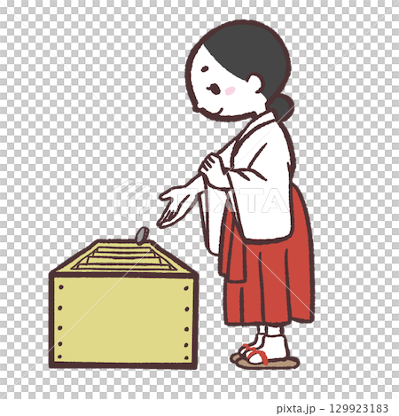 お賽銭入れる巫女さんのイラスト 129923183