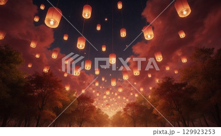 幻想的な光を放つ夜の提灯 129923253