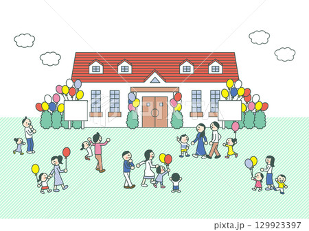 住宅メーカーのオープンハウスイベントで風船を持って集まる親子のイラスト 129923397