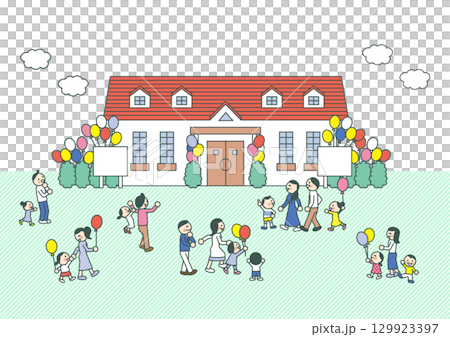 住宅メーカーのオープンハウスイベントで風船を持って集まる親子のイラスト 129923397