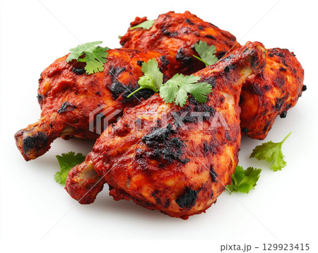 Succulent tandoori chicken legs, grilled to perfection, are displayed on a white background. They are garnished with fresh cilantro, highlighting the rich, vibrant color. 129923415