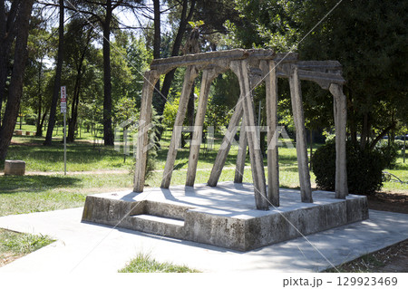 A concrete girders from the Spacu prison on the streets of Tirana, Albania 129923469